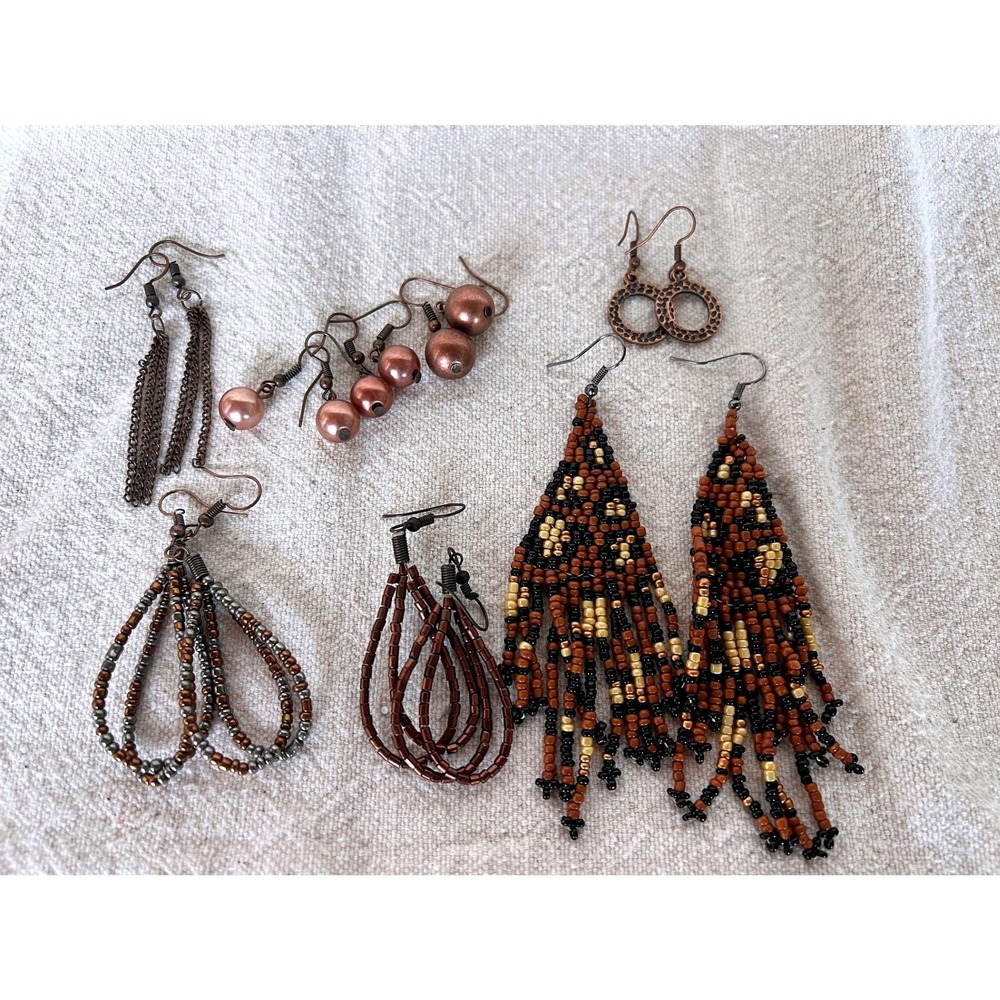 Earring Lot 8 Pairs Brown Copper Bronze Beaded Fringe Boho Western Autumn Earthy